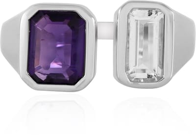 Cavill - 925 Sterling Zilver Damesring met Platina Coating - 2.18 ct Zambiaanse Amethist & Witte Topaas - Achthoekig Edelsteen - Elegant Luxe Sieraad
