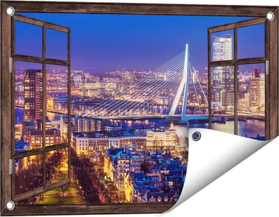 Gards Tuinposter Doorkijk Rotterdamse Skyline met de Erasmusbrug - 60x40 cm - Tuindoek - Tuindecoratie - Wanddecoratie buiten - Tuinschilderij