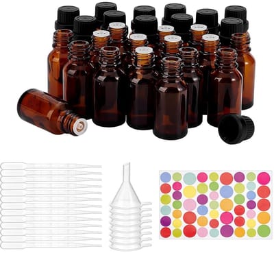 Dailygoods- Glazen Flesjes 48 Stuks 15 ml - Hervulbare Containers - Plastic Druppelaars - Trechters - Stickers - Voor Aromatherapie - Olieflessen