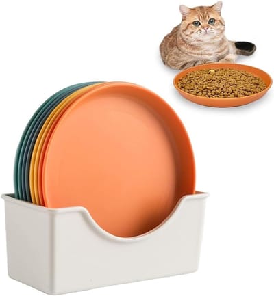 Set van 8 kleurrijke kattenvoederschalen en platte kattenbak, 5.9 inch ronde schalen voor droog en nat voer, eenvoudig en praktisch ontwerp