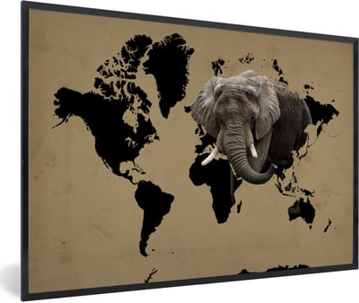 Poster in lijst - Fotolijst 90x60 cm - Posters - Wereldkaart - Zwart - Olifant - Posterlijst zwart - Decoratie - Wanddecoratie woonkamer - Muurdecoratie slaapkamer
