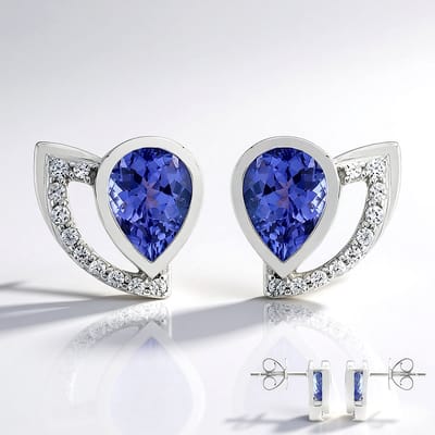 Cavill - 9K Witgouden Oorbellen - AAA Peervormige Tanzaniet 1,955 ct & Zirkonia 0,24 ct - Elegante Luxe Dames Sieraden - 14 mm