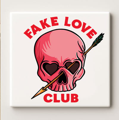 Fake Love Club Keramische Tegel – 15x15cm Stoere Schedel Wanddecoratie Cadeau voor Anti-Valentijn, Gothic & Rock Stijl Decoratie