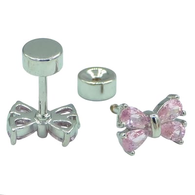 Kinderoorbellen Strikje - Roze Steentjes - 7x5mm