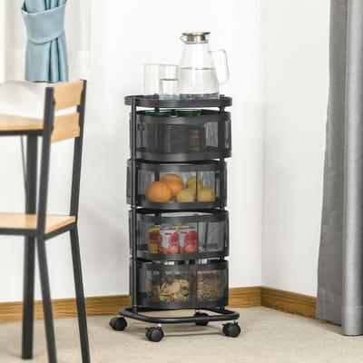 MODFU Opbergwagen Met 4 Niveaus En Draadmanden - Verrijdbaar - Voor Keuken Of Badkamer - Staal - Zwart - 33 x 33 x 77 cm