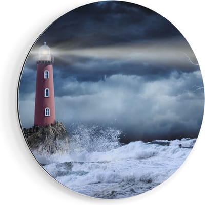 Artaza Dibond Muurcirkel Vuurtoren op een Storm Zee met Golfen Water - Ø 90 cm - Groot - Wandcirkel - Rond Schilderij - Voor Binnen en Buiten