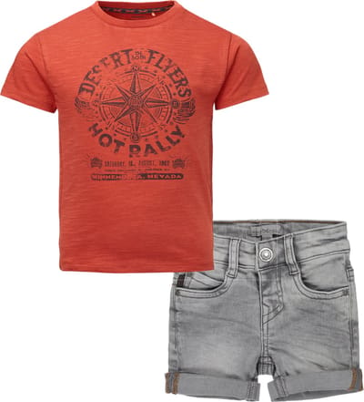 Noppies - Koko Noko - Kledingset - Jongen - 2delig - Short Grey Jeans omslag - Shirt Garden Grove Hot Sauce - Maat 116