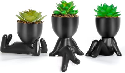 3 Stuks Nepplanten voor Binnen in Zwarte Mensvormige Keramische Potten - Kunstmatige Succulenten voor Thuis, Kantoor en Woonkamer Decoratie
