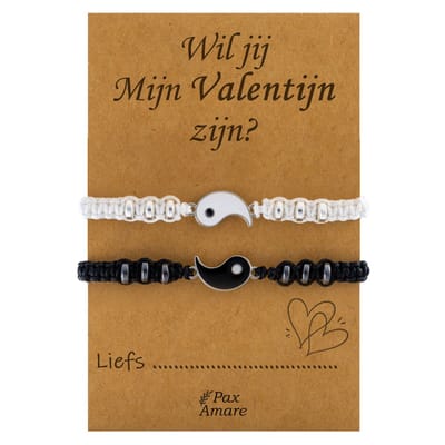 Vriendschapsarmbandjes voor 2 "Wil jij mijn Valentijn zijn?" - Yin Yang - BFF Armbandjes met Cadeau Kaartje - Zwart & Wit - Elastisch Verstelbaar - Pax Amare