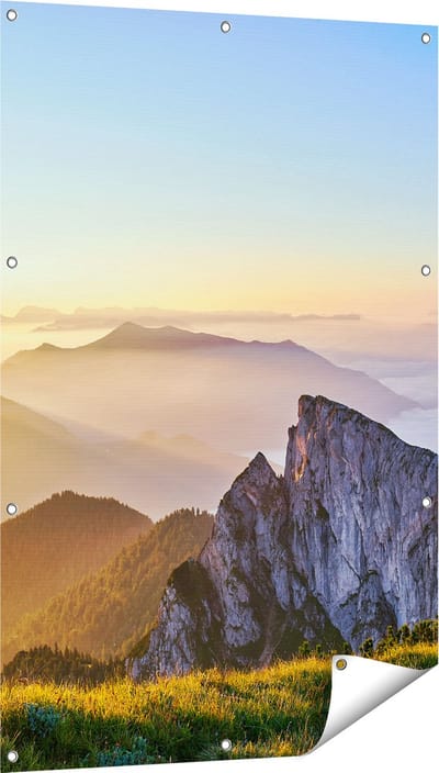 Gards Tuinposter Zonsopkomst in de Bergen in de Alpen - 80x120 cm - Tuindoek - Tuindecoratie - Wanddecoratie buiten - Tuinschilderij