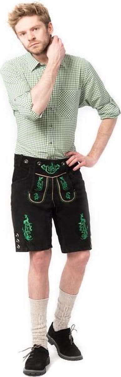 Tannhauser Lederhosen Otto Kort 100% Echt Leder Heren Oktoberfest Heren Carnavalskleding Heren Lederhosen Man - Leer- Zwart/ Groen- XXL