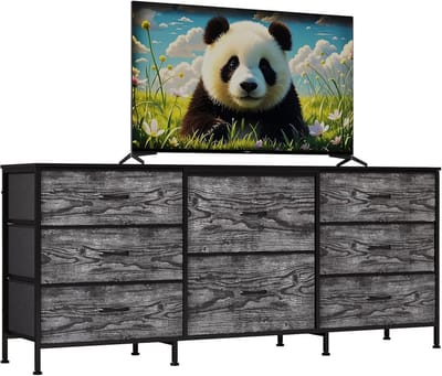 TV-meubel met 8 stoffen laden-industrieel dressoir grijs houtlook metaalframe- brede opbergkast voor slaapkamer en woonkamer-houten blad- modern