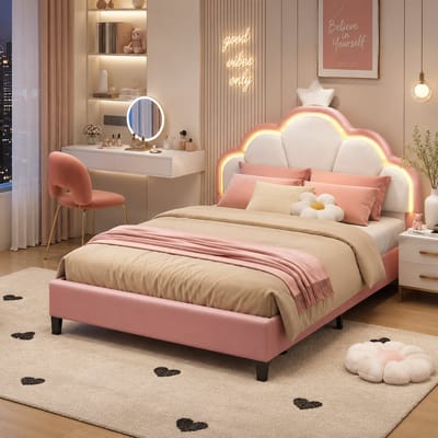 Tweepersoonsbed voor kinderen, 140 x 200 cm, prinsessenbed voor meisjes, met in hoogte verstelbaar LED-hoofdeinde, kroondesign, lattenbodem, gestoffeerd kinderbed, geschikt voor tieners, Flanel Roze