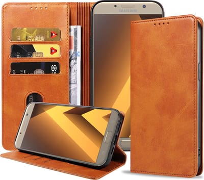 Smartphonica Samsung Galaxy A7 2017 leren hoesje met magnetische sluiting en pashouders book case – Bruin geschikt voor Samsung Galaxy A7 (2017)