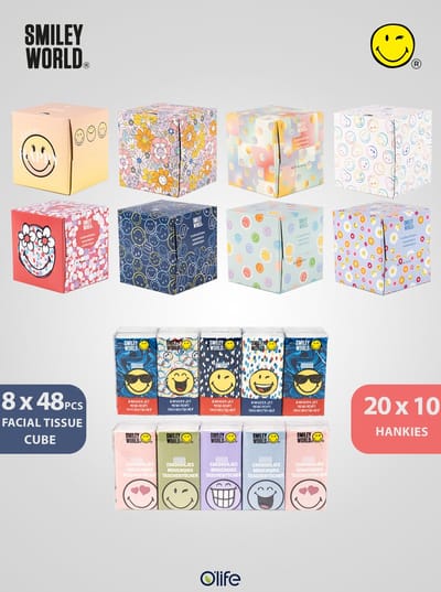 SmileyWorld® Hankie Facial Tissue Mix | Facial Tissue Cube 8 x 48 Sheets, 3-Ply + Hankies 20 x 10 Sheets, 4-Ply