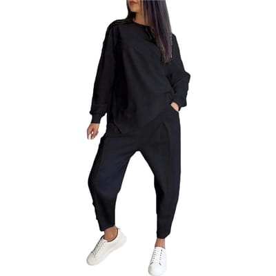 2 Stuks/Set Herfst Lente Dames Top Broek Set Lange Mouwen O-Hals Irregulair T-shirt Elastische Taille Broek met Zijzakken OL Comm XXXL