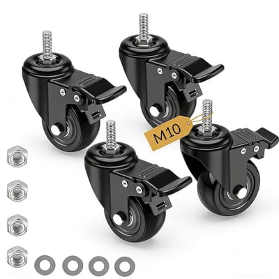 Zwenkwielen 50 mm met rem, 4 stuks meubelwielen met M10 x 1,5 x 30 mm schroef, zware belasting wielen incl. montagetoebehoren, transportwielen 360° rotatie tot 300 kg, wielen voor binnen en