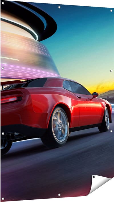 Gards Tuinposter Rode Sportwagen Auto in de Stad - 100x150 cm - Tuindoek - Tuindecoratie - Wanddecoratie buiten - Tuinschilderij