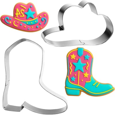 Set van 2 roestvrijstalen koekjesuitsteekvormen met cowboy thema: schattige cowboyhoed, cowgirl laarzen en rustieke western ontwerpen voor leuke koekjes bakken