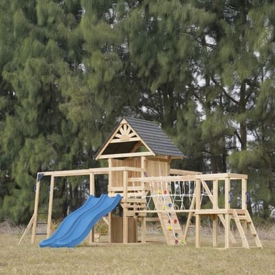 AXI Hunter Speeltoestel met Schommels, Klimrek, Klimbrug en meerdere Platforms – Blauwe Dubbele Glijbaan - FSC 100% hout – Speeltoren voor de tuin / buiten