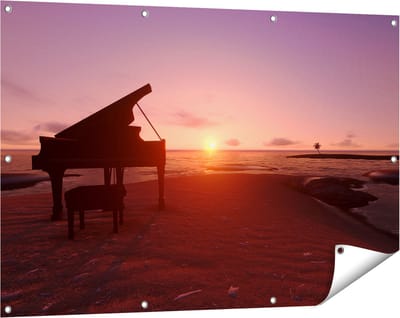 Gards Tuinposter Piano op het Strand bij Zonsondergang - 120x80 cm - Tuindoek - Tuindecoratie - Wanddecoratie buiten - Tuinschilderij