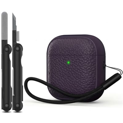 Paars hoesje voor oordopjes unisex met textuur en draagkoord geschikt voor AirPods 4 inclusief reinigingsset en TPU beschermhoes