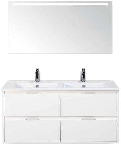 Porto Badmeubelset 120 cm - 4 Laden Wit Hoogglans - Keramische Wastafel Wit Slim met Sence Spiegel