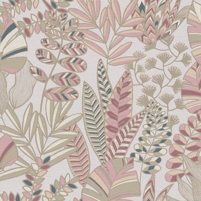 Retro behang Profhome 390954-GU vliesbehang hardvinyl warmdruk in reliëf licht gestructureerd met bloemmotief en metalen accenten roze goud pastelviolet olijfgroen 5,33 m2