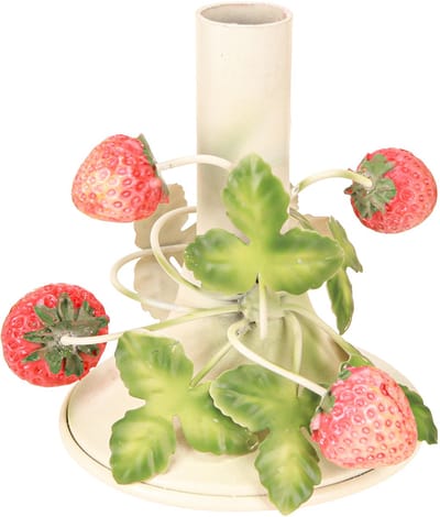 Metalen kandelaar met aardbeienversiering, zomercrème, H13cm