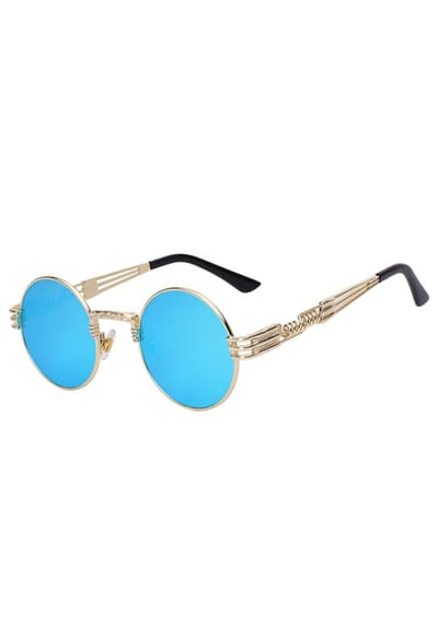 KIMU® Ronde Zonnebril Steampunk Heren - Goud Montuur Rond - Blauwe Spiegelglazen - Vintage Retro Hippie Blauw Hipster Brilletje Festival