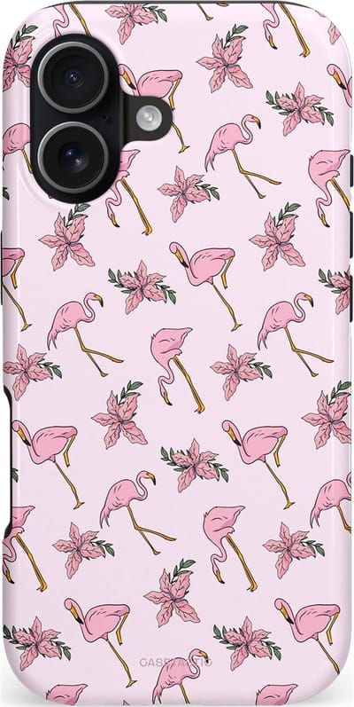 Casetastic hoesje geschikt voor Apple iPhone 17 - MagSafe - Dubbellaagse bescherming - Tropisch Roze Flamigo Bloemen Paradijs - Fashion Case - Lichtgrijs Wit Lichtroze