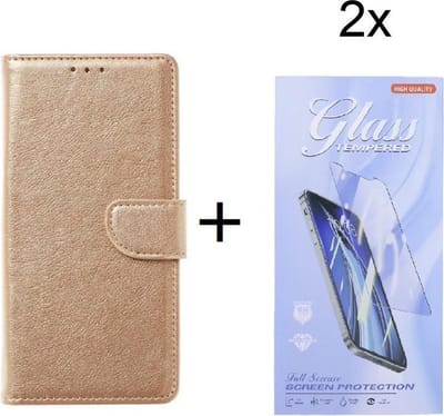Bookcase Geschikt voor: Oppo Find X3 Lite - Bookcase Goud - portemonnee hoesje met 2 stuk Glas Screen protector