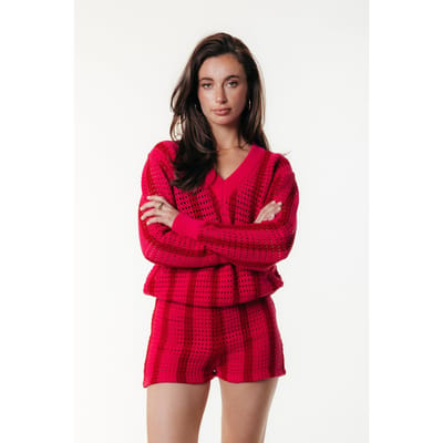 Colourful Rebel Lizza Crochet Stripe V-neck Sweater Truien & vesten Dames - Sweater - Hoodie - Vest- Rood - Maat S