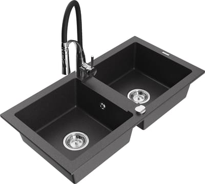 Mexen Mario granieten spoelbak 2-kamers met keukenmengkraan Aster, zwart gespikkeld - 6504-76-73450-07