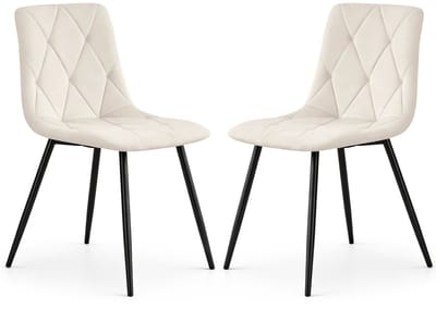 Set van 2 Eetkamerstoelen MILO / Gestoffeerde Stoelen / Fluwelen Stoelen en Metalen Poten / Beige met zwarte benen