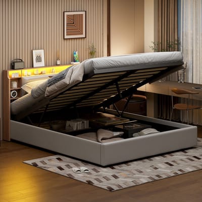 Tweepersoonsbed 140x200 cm Wit – PU, Hydraulisch Opbergbed met LED en Hoofdbordvak