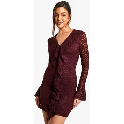 boohoo Dames Lace Ruffle Flare Sleeve Mini Dress | Plum | Maat: 10