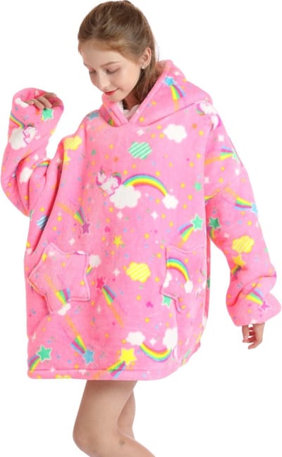 Unicorn fleece deken met mouwen en capuchon voor kinderen - fleece kinderponcho unicorn - Draagbare deken kinderen - hoodie deken met mouwen - plaid met mouwen - hoodie blanket - maat 134 t/m 158 (8-12 jr) - neon roze