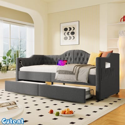 Gutent Slaapbank - met Oplaadfunctie - 2 laden - 90x190 cm - Grijs linnen (Matras niet inbegrepen)