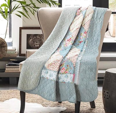 Patchwork Quilt 100% Katoen Tweepersoons Blauw Bloem Bedsprei