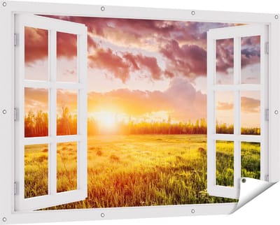 Gards Tuinposter Doorkijk Zonsopkomst in het Veld - 150x100 cm - Tuindoek - Tuindecoratie - Wanddecoratie buiten - Tuinschilderij