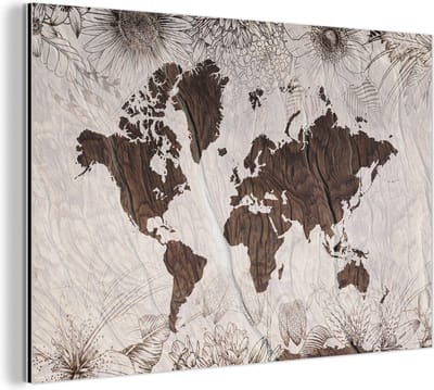 Aluminium schilderij 150x100 cm - Wanddecoratie metaal - Wereldkaart - Hout - Bloemen - Metalen muurdecoratie woonkamer - Decoratie industrieel - Foto op dibond - Industriële accessoires slaapkamer