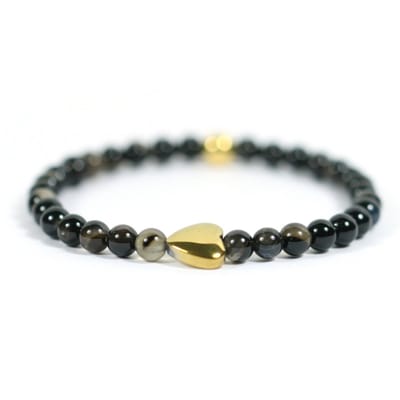 Heaven Eleven KIDS - meisjes - armband - edelsteen - zwart - agaat - 4mm - Goud - pyrite - hart