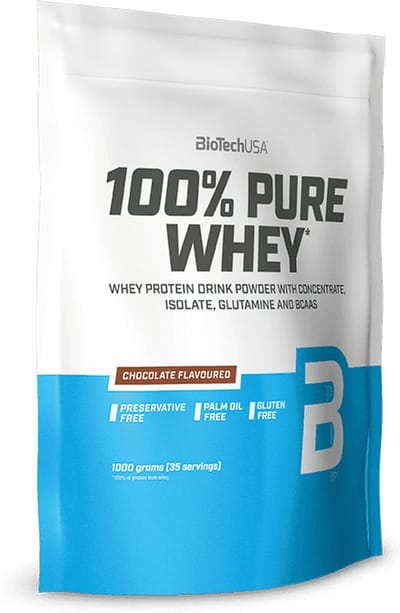 BioTechUSA 100% Pure Whey | Eiwitpoeder met BCAA en Glutamine | Glutenvrij, Palmolievrij | 21g Eiwit per portie, 454 g, Chocolade