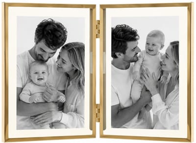 Home & Styling Opvouwbare fotolijst - gouden frame - voor 2 fotos van 13 x 18 cm - lijstje is 27 x 18 cm - rvs - harmonica lijst