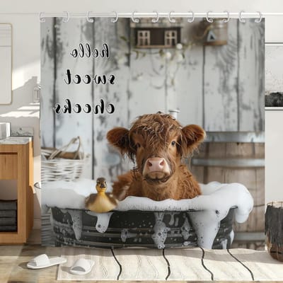 Funny Highland Cow Shower Curtain 180x180, Farmhouse Western Animals Cattle Duck Bathing in Spa Bath Bathroom Curtains - ShopVlot