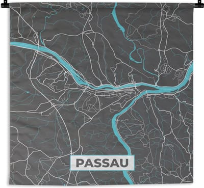Wandkleed - Wanddoek - Kaart – Plattegrond – Stadskaart – Passau – Duitsland – Blauw - 180x180 cm - Wandtapijt