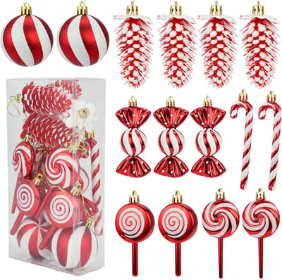 kerstboom ornamenten set - 15 stuks - rood wit - plastic materiaal - lolly en snoep vorm - kerstballen en dennenappels - hangdecoratie - geschikt voor kerstboom en kerstfeest decoratie