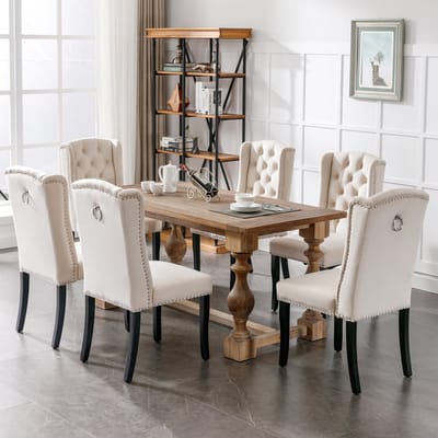 Eetkamerstoelen - Set van 6 - Eetkamerstoel met Eikenhouten Poten - Moderne Stoel - Knopen Details - Chromen Nagelkop Afwerking - Keukenstoel - Woonkamerstoel - Slaapkamerstoel - Lounge Stoel - Vrijetijdsstoel - Beige