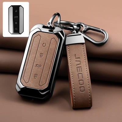 Metalen Lederen Auto Sleutelhoes Cover Voor Chery Jaecoo J5 5 Afstandsbediening Sleutelhoes Tas Sleutelhanger Auto Bescherming Accessoires brown